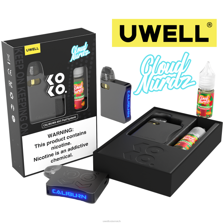 UWELL e-zigarette kaufen - UWELL CALIBURN AK3 Kit + A3S 0,8 Ohm Pods (x2) + Daddy's Vapor 10 ml Salze 50 mg crl: grey/flv: saure Wassermelone-Erdbeere 50 mg 60RH240