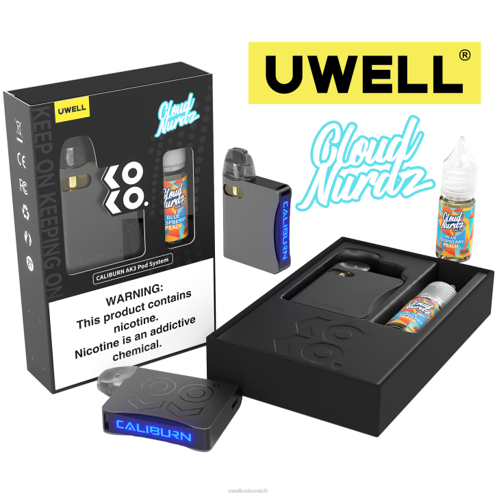UWELL online shop - UWELL CALIBURN AK3 Kit + A3S 0,8 Ohm Pods (x2) + Daddy's Vapor 10 ml Salze 50 mg crl: grau/flv: blauer himbeerpfirsich 60RH247